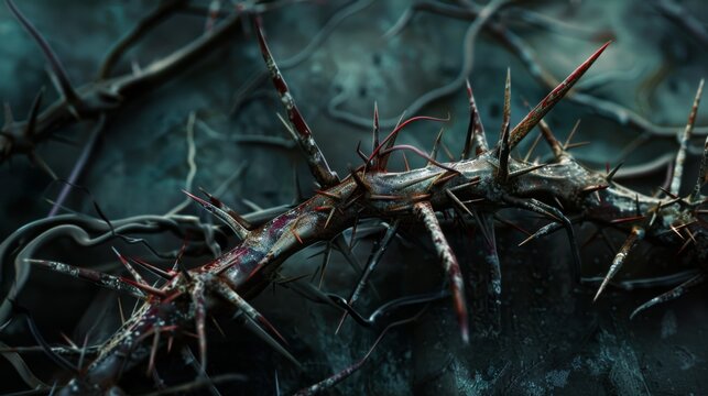 Crown of thorns, intertwining branches and sharp thorns with intricate detail and texture
