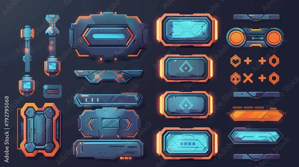 Poster sci fi style game buttons, menus and assets. modern cartoon set of futuristic game ui elements, bars