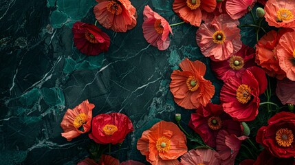 Panel wall art with a black marble texture detailed with vibrant neon colored poppy flowers for a striking contrast