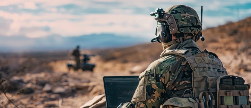 An Army soldier uses a laptop computer and radio to track a target during a military operation in the desert