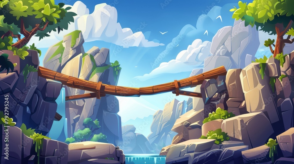 Poster animated art modern illustration with a parallax background log bridge between mountains above cliff