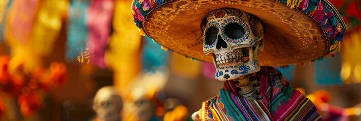 Celebrating Day of the Dead with a skeleton figurine dressed in a traditional Mexican charro outfit