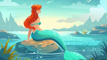 History of mermaids banner with cute girl with fishtail sitting on stone in water. Modern landing page with cartoon illustration of cute fairy tale woman mermaid. - obrazy, fototapety, plakaty