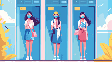 Three women in masks at elevator coronavirus charac