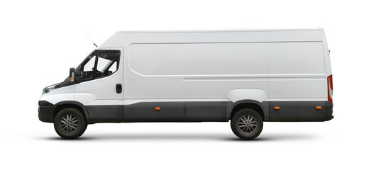 White delivery truck, business van, pickup car on a white background. Transport side view with...