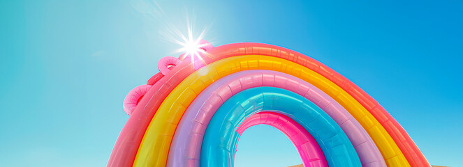 Obraz premium Vibrant Pastel Rainbow Inflatable Minimalist Photo Against Blue Sky