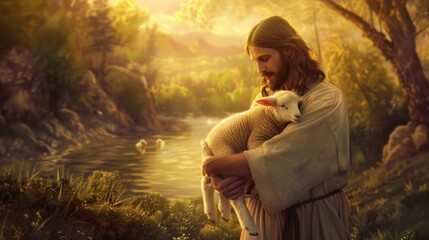 Jesus Christ tenderly holding a lamb in his arms, against a calm pastoral background