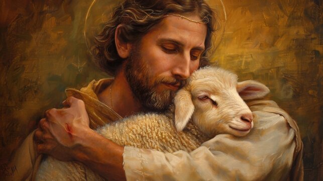 Jesus Christ tenderly holding a lamb in his arms, against a calm pastoral background