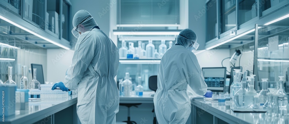 Poster chemists write down the results of their experiments with their colleagues in a secure high level la