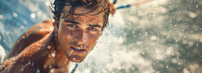 Handsome guy enjoying kitesurfing in the ocean