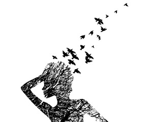 Silhouette of a girl thinking. Thoughts fly like birds. Vector illustration