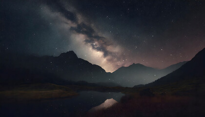 Starry Night Sky over Mountain Landscape with Reflective Lake