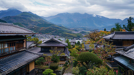 View of the mountains in Magome in the Kiso valley 