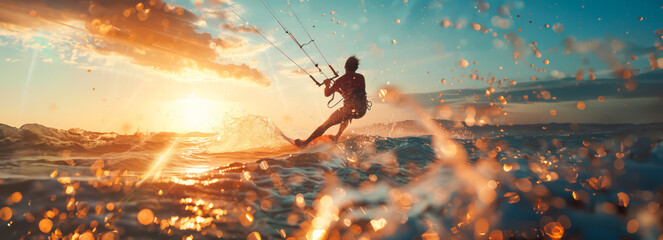 Stunning young man catching waves while kitesurfing in the ocean