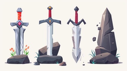 Angular sword in stone, Arthur King excalibur weapon, game design elements with a gem stone on the blade, camelot legend or myth, cartoon modern illustration. - obrazy, fototapety, plakaty