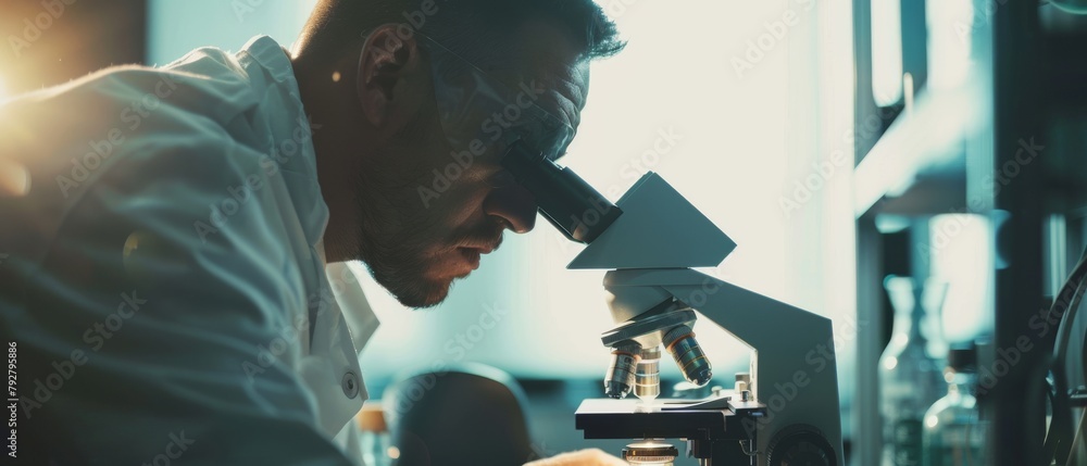 Poster an experiment is being conducted in a modern laboratory by a research scientist with a microscope.