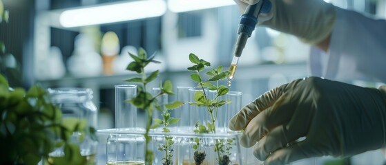 In a modern laboratory, a researcher uses a dropper and plant to synthesize compounds.