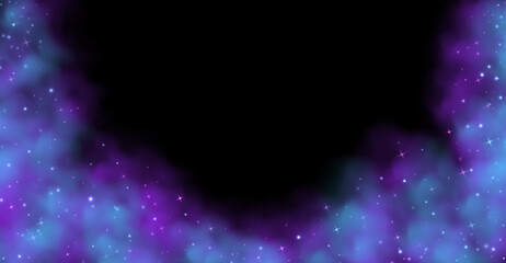 Magic smoke with stars and sparkles, fog with glowing particles, colorful vapor with star dust. Fantasy blue and purple haze background. Vector illustration.