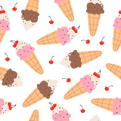Ice Cream cute seamless pattern with hand drawn ice cream for summer prints, posters, wrapping paper, background Tasty vanilla Food wallpaper