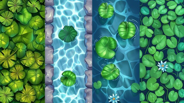 Modern seamless patterns of top view of ocean, lake, swamp and swamp surface with lily leaves. Image suitable for game backgrounds.