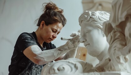 Female Stonemason Crafting Sculpture, Artisan Skill and Concentration, Traditional Stone Carving Studio - obrazy, fototapety, plakaty