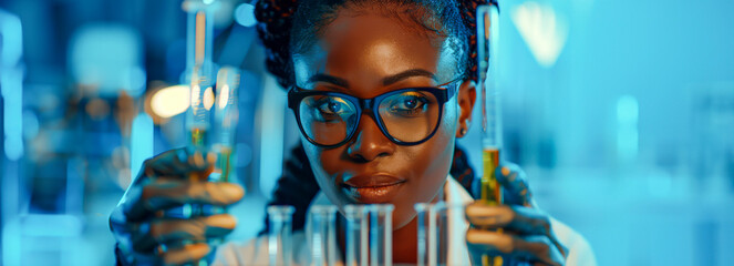 African female scientist extracting samples from glass tubes filled with clear liquid