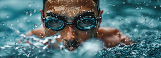 Naklejka premium Focused triathlete braving the rain in a determined swim.