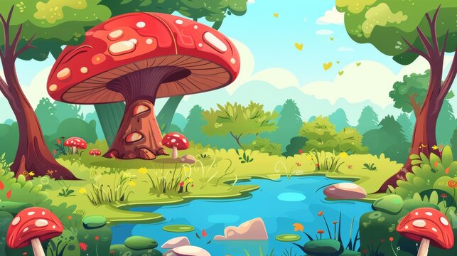 A fantasy forest with an unusual tree in a swamp, a modern parallax background, and a cartoon image of a fantastic mushroom with a pond.