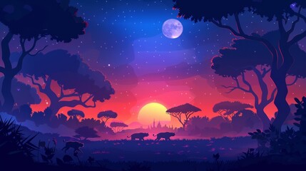 Landscape in savannah, an african nighttime scene with hyenas running through a field under a starry sky and a full moon shining in the sky, cartoon modern illustration.