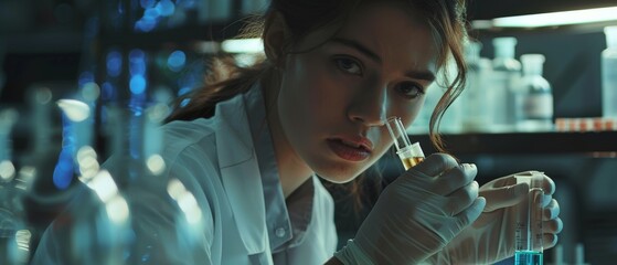 Using a micropipette to fill test tubes, a female researcher works in a laboratory/research center with a team of scientists attempting to cure deadly diseases. - obrazy, fototapety, plakaty