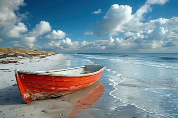 Rotes Ruderboot am menschenleeren Strand. Meer und blauen Himmel mit Wolken im Hintergrund.