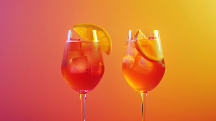Two glasses of orange soda with ice on a gradient orange background