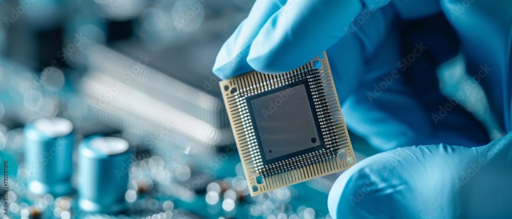 Poster an image of a brand new generation microchip, held in a gloved hand by a technological wonder.
