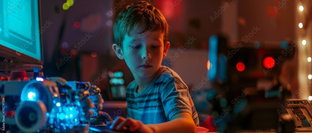 Poster using a laptop and led lights, a boy builds a fully functional robot for his school robotics club pr