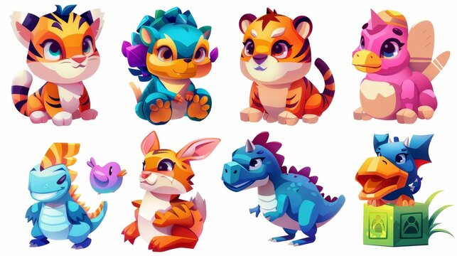 Cute soft tiger, bunny, dinosaur, piggy bank, constructor blocks, rubber duck, cube. Cartoon illustration of stuffed animals.