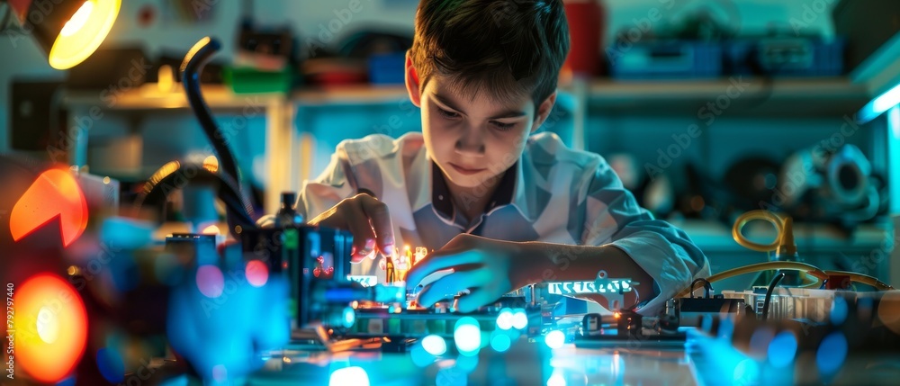 Poster a boy works on a fully functional programable robot with bright led lights for his school's robotics