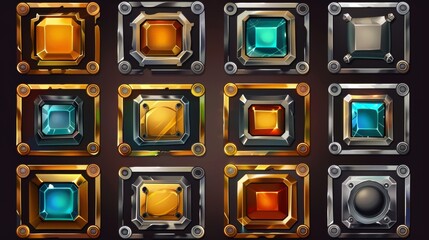 Isolated design gui elements with gold, silver or steel metallic borders, square UI game frames with gold or silver borders. Cartoon empty metal borders with gemstones. - obrazy, fototapety, plakaty
