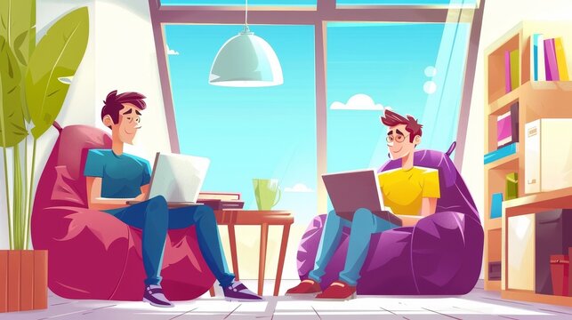 Work from home cartoon web banners, relaxed freelancers characters. Remote outsource job, self-employed workers with laptops in the room. Modern mobile app onboard screens.