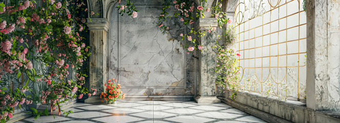 Enchanting Vintage Castle Wall Photo Set: Blooming Flowers and Elegant Marble Floors