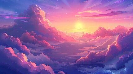 Cartoon illustration showing early morning abstract vivid view from an airplane above a night sky or heaven background with lilac and white cumulonimbus clouds.