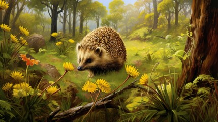 A hedgehog sniffing yellow flowers in a sunlit forest - obrazy, fototapety, plakaty