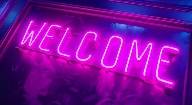 Animation of the word welcome in neon colors. neon animated video With digital background, words welcome.