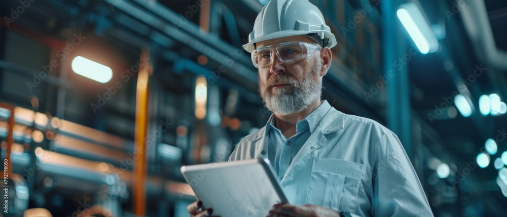 Poster engineer in hardhat using tablet computer in factory.