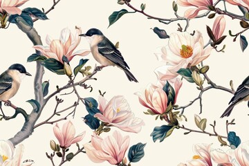 Seamless pattern with blooming magnolia flowers and songbirds. - obrazy, fototapety, plakaty