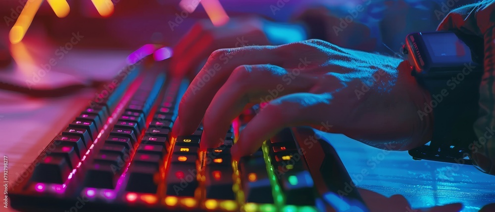 Poster hands of a player on a keyboard, continuously pushing buttons, playing an online mmo game. the backg