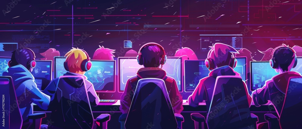 Poster gamers are actively thinking/discussing game strategy/tactics at an internet cafe or at a cyber game