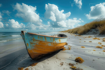 Altes Holzboot liegt auf dem Strand am Meer. Strand Stillleben. Küstenlandschaft.
