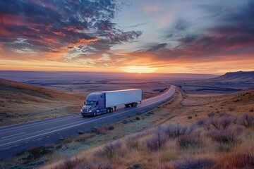 truck driving over country road at sunset