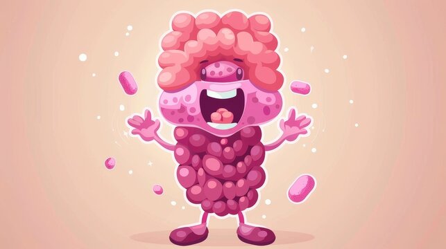 Cartoon character of a human thyroid gland and endocrine system with a cute face and waving hand. Health care, anatomy education for children; modern illustration.