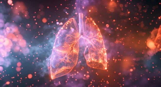 Holographic lung icon for diagnosing lung diseases such as cancer pneumonia and viral infections. Medical Illustration Concept, Holographic Technology, Lung Disease, 3D Rendering.